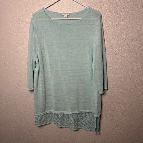 Pure J Jill Aqua Blue Linen Blend Asymmetrical Crochet Hem Tunic Top Size XL - Picture 1 of 10